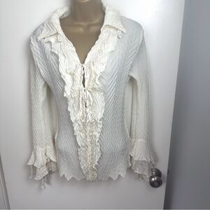 Komarov Cream Crinkle Romantic Coquette Fairy Core Lace Satin Tie Sleeve Top S